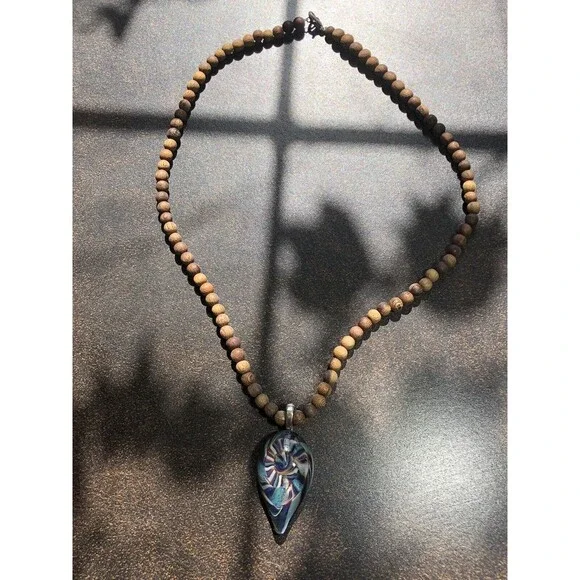 Handblown Glass Pendant On 20” Wooden Bead Necklace Boho Style Artisan Made 2008 - Picture 2 of 16